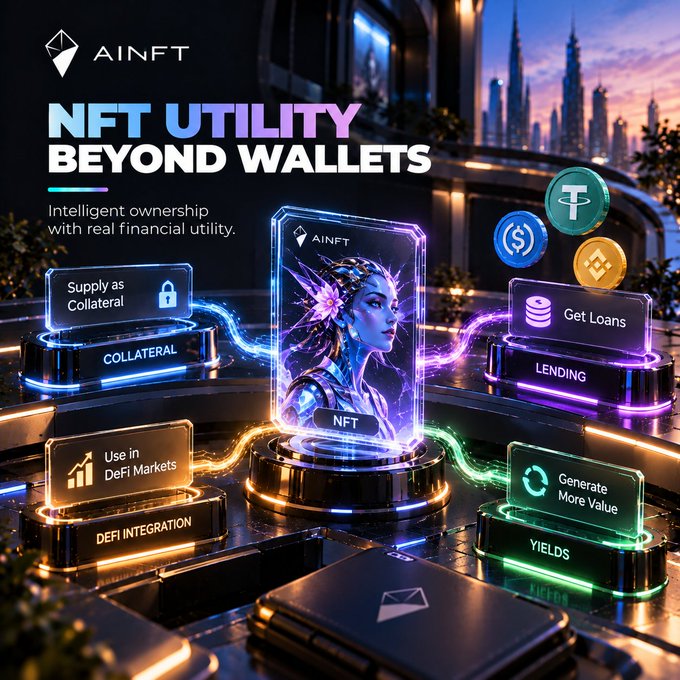 An AINFT promotional graphic titled "NFT UTILITY BEYOND WALLETS" showcases features like Supply as Collateral, Get Loans, Use in DeFi Markets, and Generate More Value.