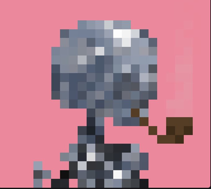 A highly pixelated image of a gray figure holding a brown pipe-like object against a pink background.