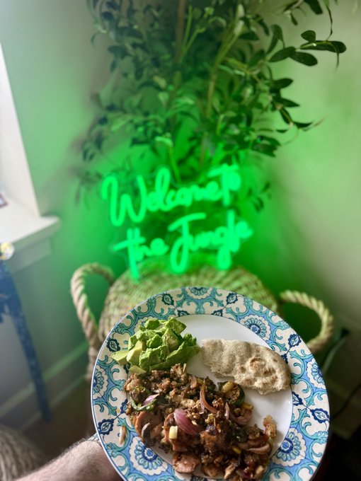 A hand holds a decorative blue and white patterned plate containing a meat and vegetable dish with avocado and pita, in front of a green wall with a neon 'Welcome to the Jungle' sign and hanging plants.