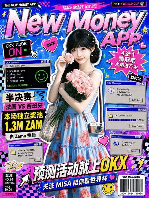 A vibrant Y2K-style promotional poster for the "New Money App" by OKX features a young woman in a blue floral dress holding a bouquet of pink roses, surrounded by retro computer interface graphics and text announcing a France vs Spain semifinal match with a 1.3M ZAMA prize pool sponsored by Zama, along with a "Pick-4-to-Win-Champion" event. The accompanying post about "God of Predictions Misa" matches the imagery, as the woman depicted is presented as the prediction mascot for the World Cup event.