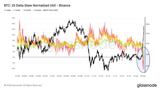 A Glassnode chart titled 'BTC: 25 Delta Skew Normalized (All) - Binance' showing Bitcoin price and skew data from late February to late August, with a blue circle highlighting a recent drop.