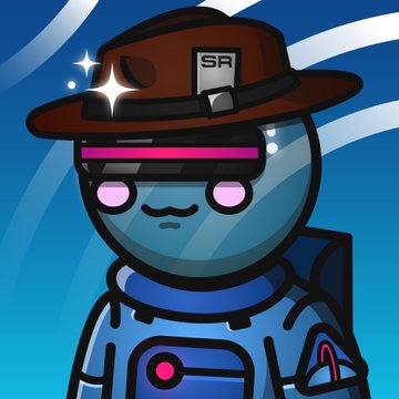 A cartoon astronaut character wearing a brown hat with an "SR" patch, featuring a glowing pink visor and futuristic blue spacesuit against a cosmic blue background, fittingly represents an NFT's digital, otherworldly collectible nature.