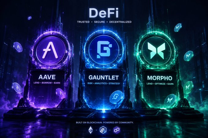 A promotional graphic titled 'DeFi TRUSTED • SECURE • DECENTRALIZED' features three glowing platforms for AAVE ('LEND • BORROW • EARN'), GAUNTLET ('RISK • ANALYTICS • STRATEGY'), and MORPHO ('LEND • OPTIMIZE • EARN'), built on blockchain.