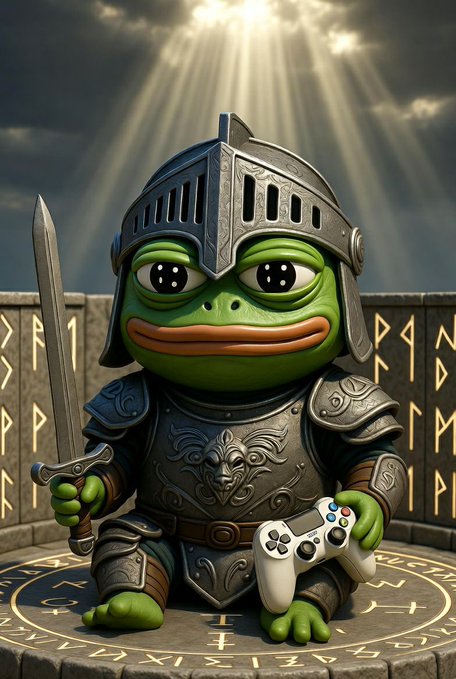 The image features a cartoon frog wearing a knight's outfit, holding a sword and a game controller (specifically, a Wii remote). The frog appears to be playing a video game while sitting atop a stone circle or pedestal. The background of the image is dark with clouds, creating an atmospheric setting for the scene. The post that accompanies this image reads: "We've started a million dollar journey with Baby $Kekius Maximus Chads holding strong floor and pushing for the next leg ... best chance to secure your entries Ca: 0xb44bb60e8ced2b4523eb65d927bca4f4b2252e0b Tg: t.me/babykekiusmaxi".