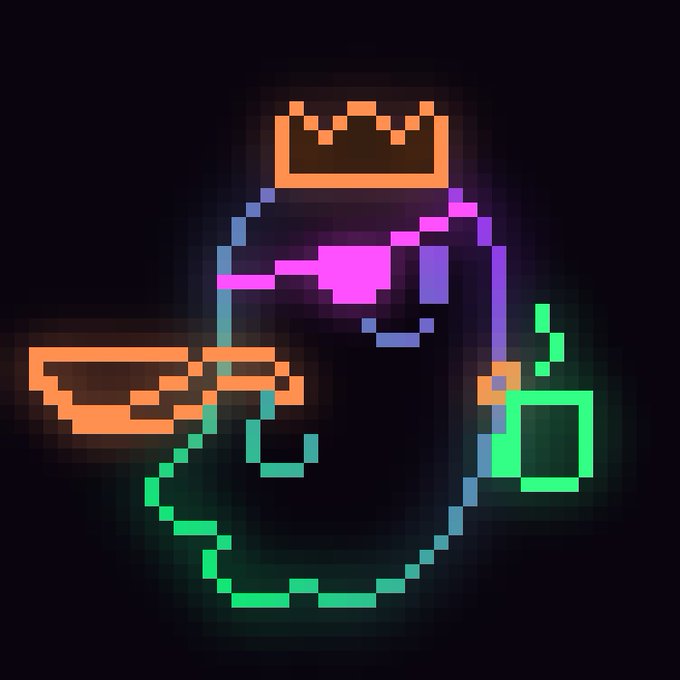 A neon pixel art illustration depicting a video game character wearing a crown and holding a sword, rendered in glowing pink, orange, blue, and green colors on a dark background.