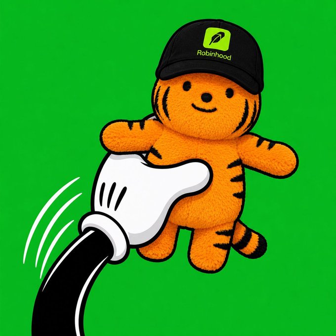 A cute orange tiger plushie wearing a black 'Robinhood' cap is being grabbed by a white cartoon hand on a bright green background.
