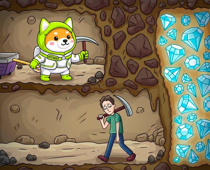 A determined person carries a pickaxe through a rocky cavern toward a wall of gleaming blue diamonds, while a cartoon dog astronaut in a spacesuit labeled "ASTEROID" mines alongside them. The scene illustrates the post's message about perseverance—those who keep digging through hardship uncover the hidden rewards others miss, paralleling how $ASTEROID continues building despite challenges.