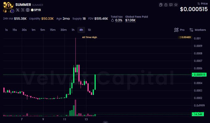 A cryptocurrency price chart for the token 'SUMMER' shows a price of $0.000515, with a notable 'All Time High' spike, a 24-hour volume of $55.38K, and a 4-hour candlestick view.