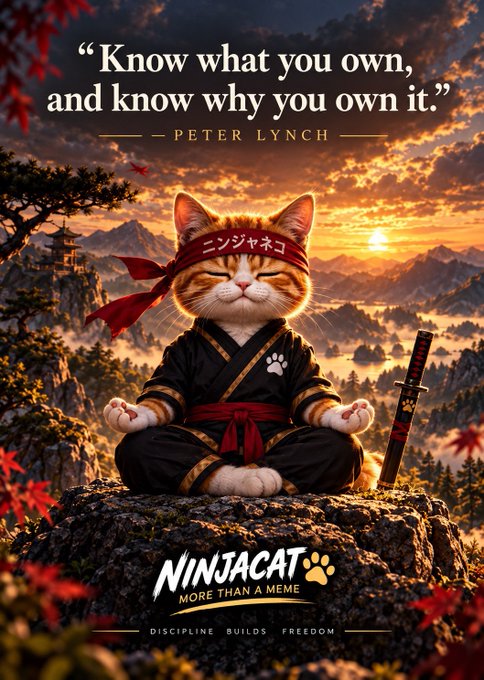 An AI-generated image of an orange cat dressed as a ninja meditating on a mountain at sunset, featuring a quote by Peter Lynch and the 'NINJACAT' logo with the tagline 'MORE THAN A MEME'.