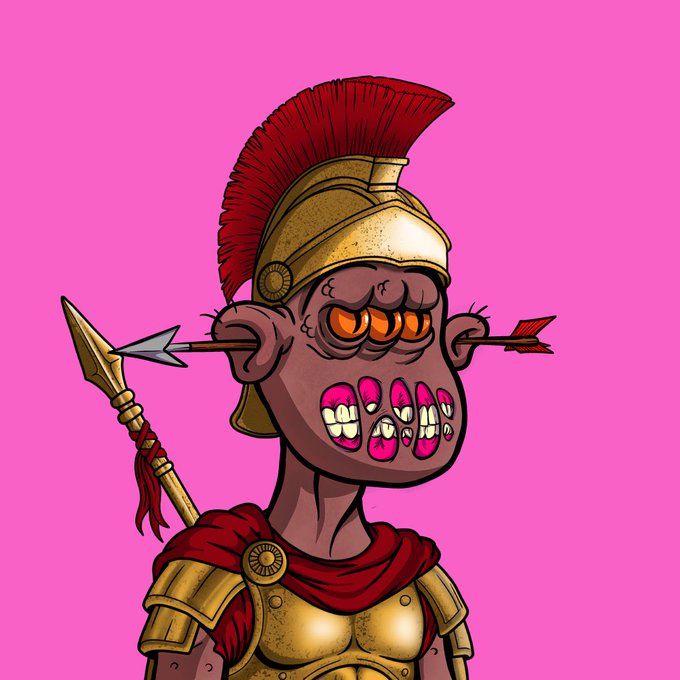 A cartoon illustration of a Roman soldier with multiple eyes and sharp teeth, pierced by an arrow, set against a bright pink background.