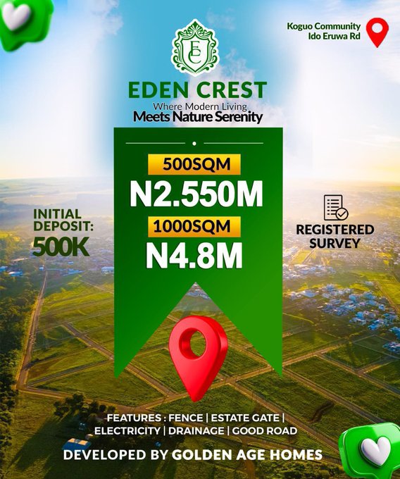 A real estate advertisement for 'Eden Crest' by Golden Age Homes located at Koguo Community, Ido Eruwa Rd, offering 500SQM plots for N2.550M and 1000SQM for N4.8M with a 500K initial deposit and registered survey, featuring fence, estate gate, electricity, drainage, and good road.