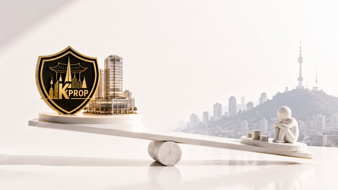 A conceptual image shows a golden K-PROP shield logo with a cityscape on one end of a seesaw, balanced against a white figure sitting with stacked coins on the other, set against a city skyline background.