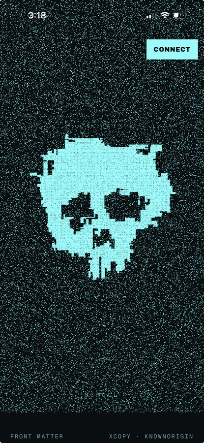 A dark phone screen showing a pixelated skull graphic in teal and the text 'XCOPY - KNOWNORIGIN' at the bottom, with a 'CONNECT' button at the top.