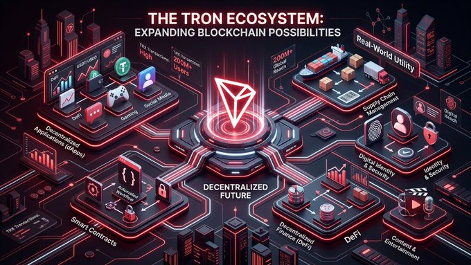 The image is an infographic titled "THE TRON ECOSYSTEM: EXPANDING BLOCKCHAIN POSSIBILITIES," featuring a glowing TRON logo at its center connected to various ecosystem segments including Decentralized Applications (dApps), Smart Contracts, DeFi, Real-World Utility, Digital Identity & Security, and Content & Entertainment, with statistics noting "200M+ Users" and "200M+ Transactions." It visually supports the post's message by illustrating how TRON's diverse blockchain infrastructure enables a wide range of decentralized innovations beyond simple digital payments.