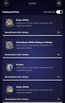 The image shows a "Featured Pins" section from what appears to be the VeVe app, displaying multiple "Celebration of Walt Disney Animation Vol.1 Legendary Edition" pins including Snow White, Steamboat Willie Mickey & Minnie, and Frozen, each marked with "1/1 Remaining in this release." This contradicts the post's claim about VeVe's handling of 1-of-1 pins, as the app actually shows several 1-of-1 Disney pins currently available rather than excluding them from drops as suggested.