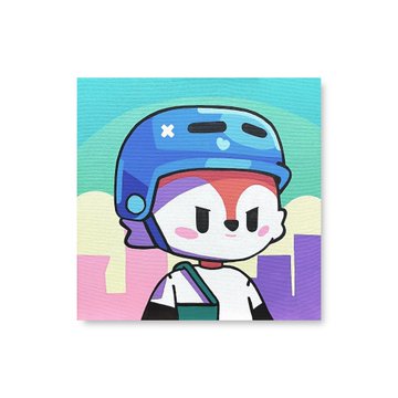 Canvas art print of a cute cartoon character wearing a blue helmet with a heart, set against a pastel rainbow and skyline background.