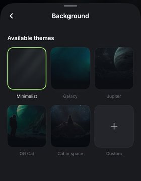 The image shows a phone screen displaying various options for changing the background theme of an app called "jup". The available themes are "Minimalist", "Galaxy", and "Jupiter". There is also a button labeled "Add now" in the bottom right corner, which allows users to add their custom theme.