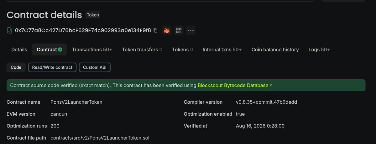 A blockchain explorer page showing contract details for token 0x7C77a8Cc427D76bcF629F74c902993a0e134F9f8, named PonsV2LauncherToken, verified with compiler v0.8.35+commit.47b9dedd.