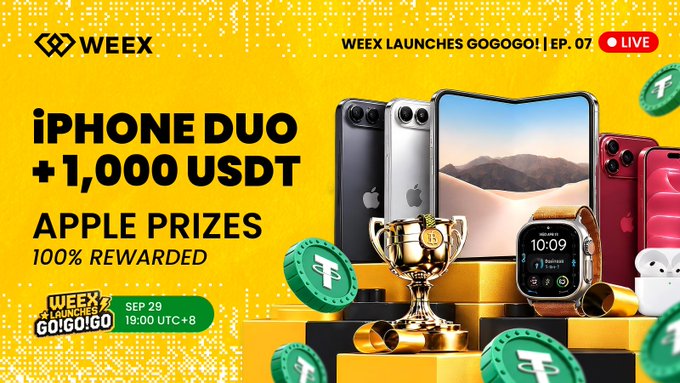 A bright yellow promotional banner for 'WEEY LAUNCHES GOGOGO! | EP. 07' featuring prizes including an iPhone Duo + 1,000 USDT in Apple prizes, with two iPhones, an Apple Watch, and gold trophy imagery displayed.