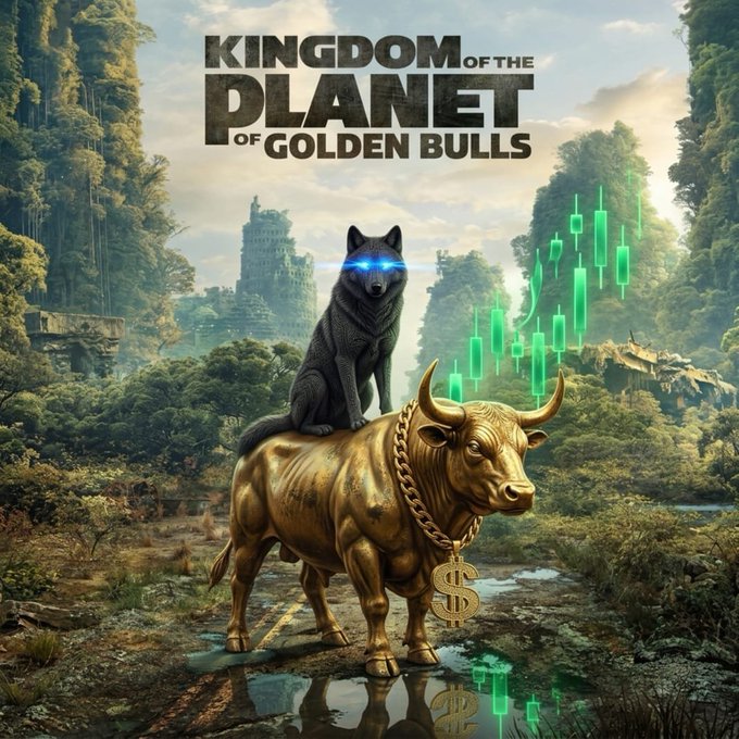 A golden bull with a glowing-eyed wolf perched on its back stands in a lush, overgrown ruin landscape beneath the title "KINGDOM OF THE PLANET OF GOLDEN BULLS," with green candlestick charts rising behind them. The imagery symbolizes a bullish crypto market surge, pairing perfectly with the post's message of a $GAYU token buyback aimed at driving upward price momentum.