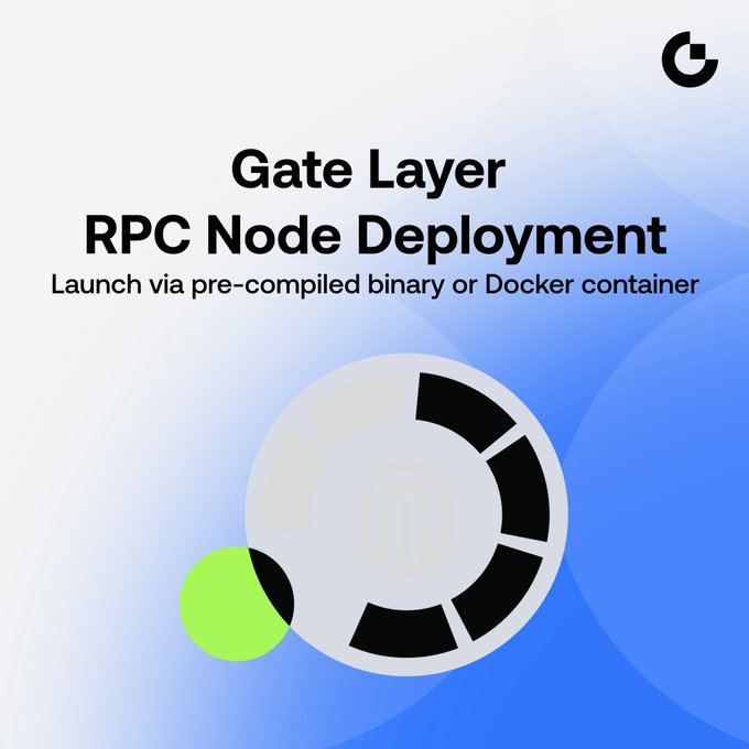 A Gate Layer promotional graphic announcing 'RPC Node Deployment' with the subtitle 'Launch via pre-compiled binary or Docker container,' featuring a circular geometric logo design.