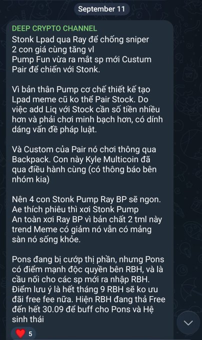 A screenshot of a Telegram message dated September 11 from "DEEP CRYPTO CHANNEL" containing Vietnamese text discussing crypto topics like Stonk, Pump Fun, and Ray.