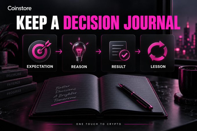 A promotional graphic titled 'KEEP A DECISION JOURNAL' from Coinstore showing a four-step process: Expectation → Reason → Result → Lesson, with the tagline 'Better Decisions, A Brighter Tomorrow' and 'ONE TOUCH TO CRYPTO.'