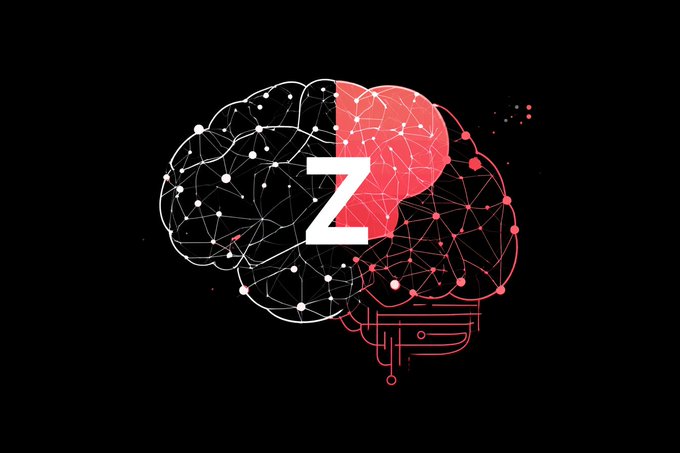 Digital illustration of a brain with neural network connections, half white and half red, with a large letter 'Z' in the center on a black background.