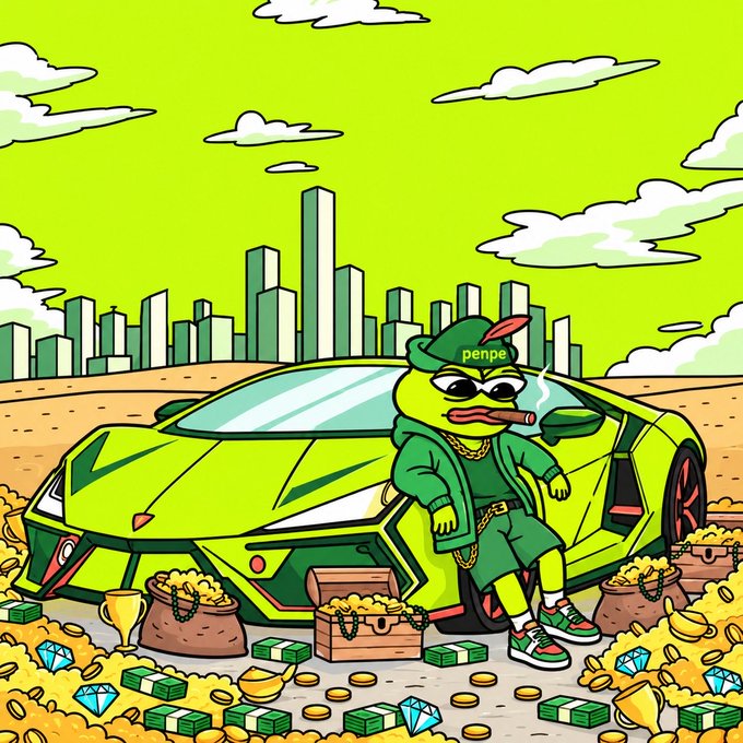 A cartoon illustration of a green duck character wearing a cap labeled 'penpe', sunglasses, and gold chains, smoking a cigar while leaning against a green sports car surrounded by bags and chests overflowing with gold coins and diamonds.