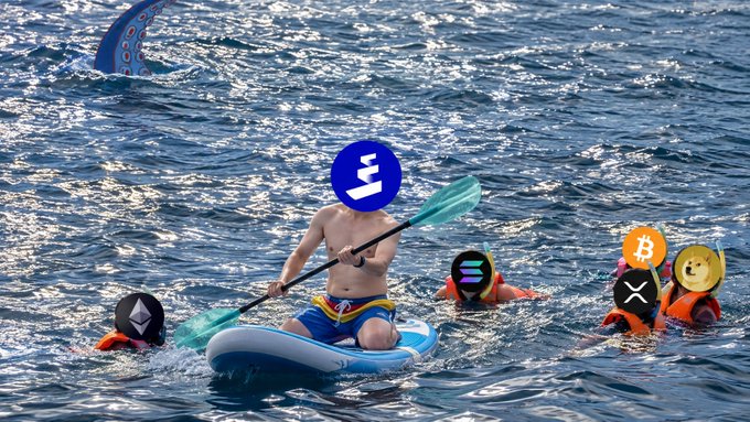 A person paddles a kayak while wearing an Ethereum ($ETH) logo on their head, with people in life vests floating nearby displaying logos of $SOL, $XRP, and $PEPE, visually personifying various cryptocurrencies amid playful ocean rescue imagery.