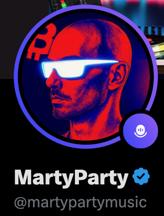 A stylized profile picture showing a man wearing glowing neon sunglasses with a musical note motif, framed by a purple circular border, branded "MartyParty" with the handle "@martypartymusic" and a verified blue checkmark. The image serves as the avatar for the post promoting cryptocurrency trading referrals across platforms like JTX, Phoenix, and Hyperliquid, with Marty's established DJ/music identity lending credibility to his crypto trading recommendations.