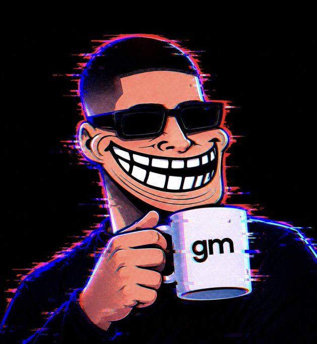 A stylized digital illustration of a man with a wide grin and sunglasses, holding a white mug labeled 'gm' against a glitch-effect background.