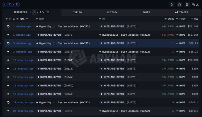 A cryptocurrency transaction tracking interface displays recent transfers between addresses, including 'Hyperliquid: System Address', 'HYPELABS-BUYER', and a 'Burn Address' for tokens like HYPE and ARKHAM, with values in USD.