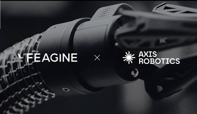 A promotional graphic displaying "FEAGINE × AXIS ROBOTICS" overlaid on a close-up image of a dark gray robotic component.