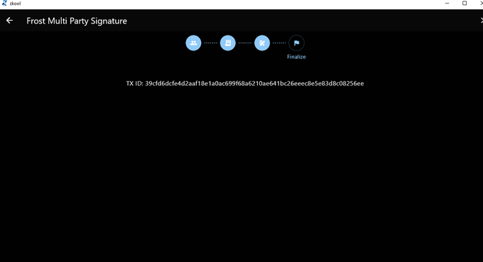 A 'Frost Multi Party Signature' screen showing transaction ID '39cfd6dcfe4d2aaf18e1a0ac699f68a6210ae641bc26eeec8e5e83d8c08256ee' with progress icons for signers.