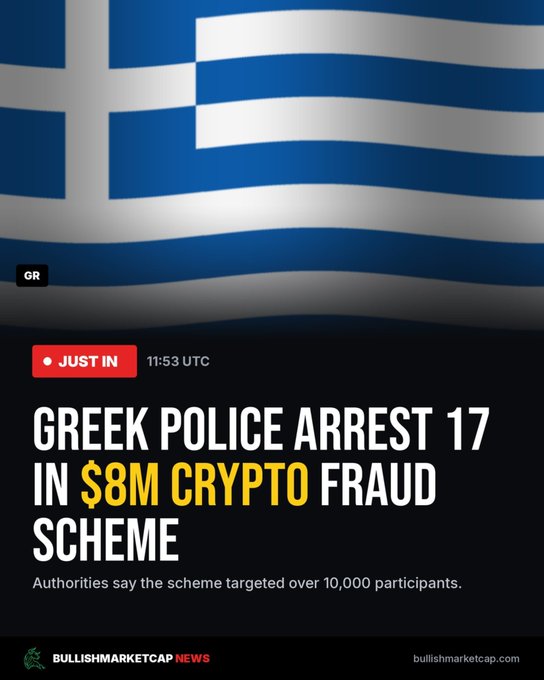 A news graphic featuring the Greek flag with the headline 'GREEK POLICE ARREST 17 IN $8M CRYPTO FRAUD SCHEME' and subheading 'Authorities say the scheme targeted over 10,000 participants,' published by BullishMarketCap News.