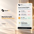 A mobile app interface showing a 'Quest' and 'Markets beta!' screen with light beige background and notification panels.