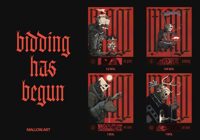 A graphic titled 'bidding has begun' by MALLOW.ART featuring four NFT listings priced in SOL, displaying horror-style skeletal characters in red-themed artwork.