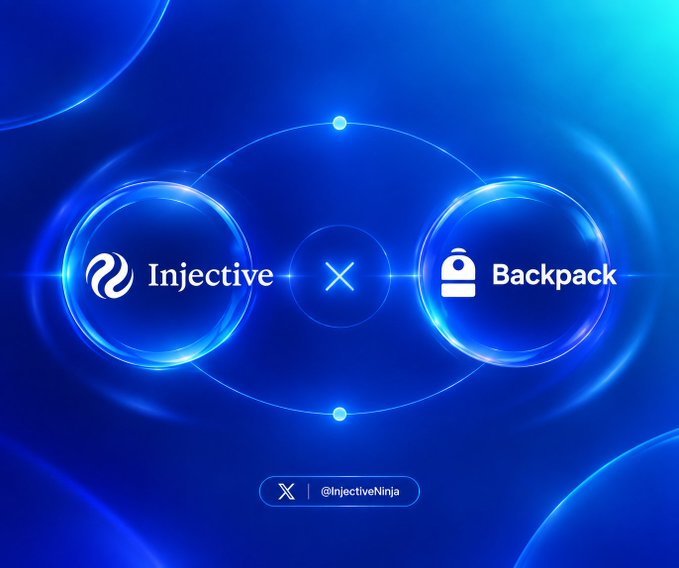 A promotional graphic on a blue background showing the Injective and Backpack logos connected by an X symbol, with the handle '@InjectiveNinja' displayed at the bottom.