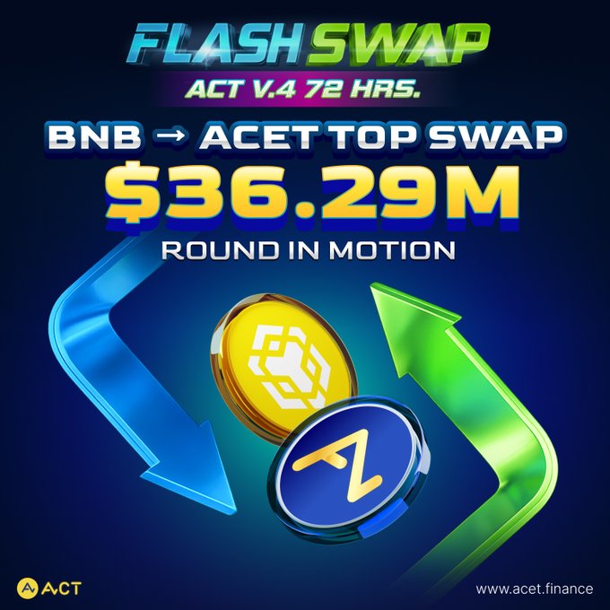 A promotional graphic for 'FLASH SWAP ACT V.4 72 HRS.' highlighting a '$36.29M' swap round with BNB to ACET tokens, featuring www.acet.finance.
