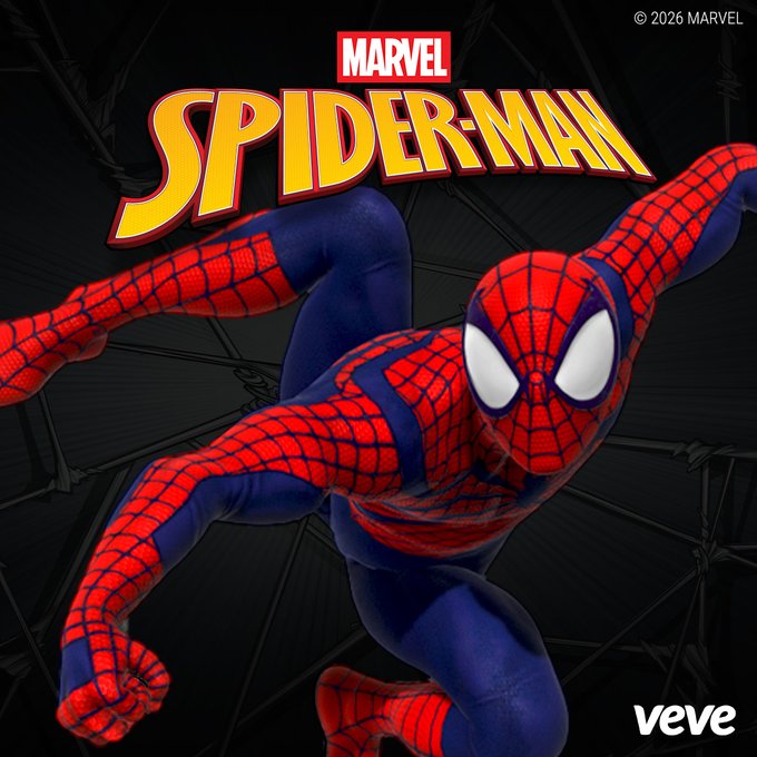 A promotional graphic for Marvel's Spider-Man featuring the superhero in his classic red and blue costume posed dynamically against a dark web-patterned background, with the Marvel logo, "© 2026 MARVEL" copyright, and the "veve" platform logo visible.