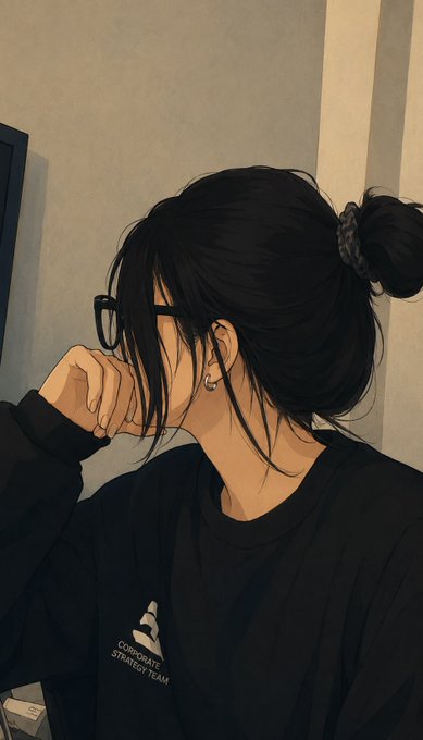 An anime-style illustration of a young woman with black hair in a bun, wearing glasses and a black 'CORPORATE STRATEGY TEAM' sweatshirt, covering her mouth with her hand.