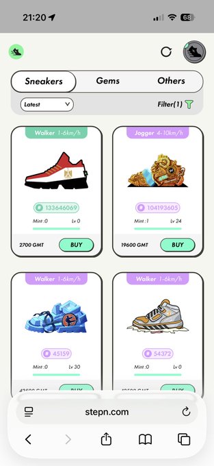 The image shows a white phone screen displaying an app called "Stepn", which appears to be a shopping app for sneakers. There are multiple shoe options available, including various styles of sneakers with different colors and designs. The app also provides information about each sneaker, such as its price and whether it is a knockoff or not. Additionally, there are descriptions of the shoes in detail, along with images showcasing their appearance.