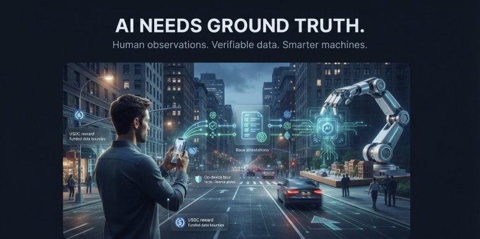 A dark tech-themed graphic reads “AI NEEDS GROUND TRUTH.” with the subtitle “Human observations. Verifiable data. Smarter machines,” over a city street scene with a robotic arm and digital interface elements.
