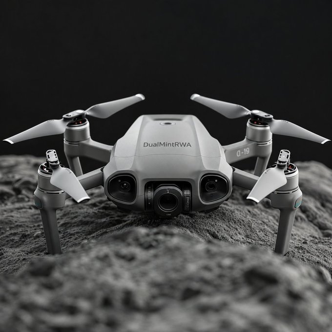 A gray quadcopter drone with four propellers rests on a rough, rocky surface against a black background. The drone features multiple camera lenses on its front and has "DualMintRWA" and "O-19" printed on its body.