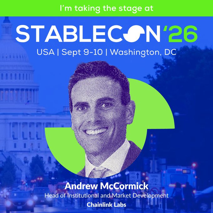 The image is a promotional graphic for Stablecon '26 announcing that Andrew McCormick, Head of Institutional and Market Development at Chainlink Labs, will be speaking at the conference in Washington, DC on September 9-10. The graphic features his photo against a backdrop of the U.S. Capitol building, tying into his anticipation of a "DC homecoming" and discussion of stablecoins, tokenized deposits, and interoperable infrastructure at the event.