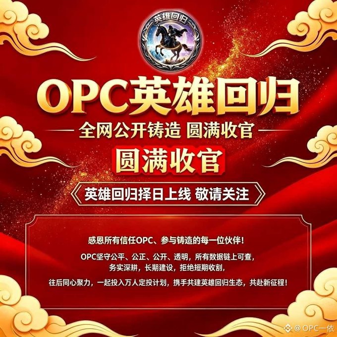 A red and gold Chinese promotional poster announces 'OPC英雄回归' (OPC Hero Returns), stating '全网公开铸造 圆满收官' (Open minting successfully concluded) with the handle @OPC一依 visible.
