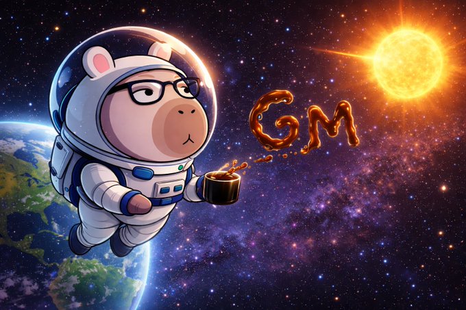 A cartoon bear astronaut floating in space holding a coffee cup with 'GM' (Good Morning) spelled out in coffee/cosmic dust, with Earth and the sun visible in the background.