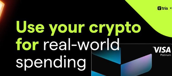In this image, there are two main elements - a banner and a post. The banner is green with yellow text that reads "Use your crypto for real world spending" at the top and below it says "gTria ladies and Gentlemen Tria hit all-time high spends in May." Below the banner, a post states that the global currency reached all-time highs since June 1st. The image also provides details about Bitcoin's performance during this time period, with volume climbing 47% to 22.91M and active wallet transactions reaching approximately 14K on June 1st alone. Overall, it appears that many people have been investing in Bitcoin and are benefiting from the cryptocurrency's growth.