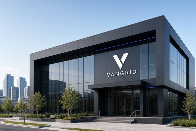 A modern dark-colored office building displaying the "VANGRID" logo with a stylized V above the entrance.